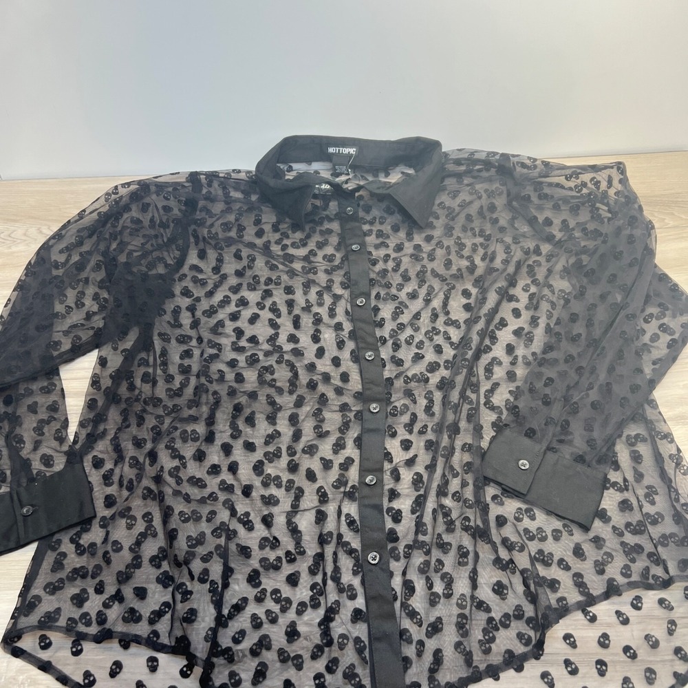 Hot Topic Blouse Womens Size 4 Flocked Skull Sheer Button Up Black Goth Emo Mesh